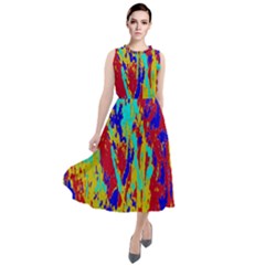 Multicolored Vibran Abstract Textre Print Round Neck Boho Dress