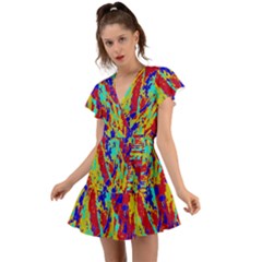 Multicolored Vibran Abstract Textre Print Flutter Sleeve Wrap Dress