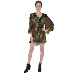 Camo Green Brown V-neck Flare Sleeve Mini Dress