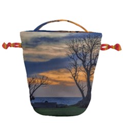 Sunset Scene At Waterfront Boardwalk, Montevideo Uruguay Drawstring Bucket Bag by dflcprints