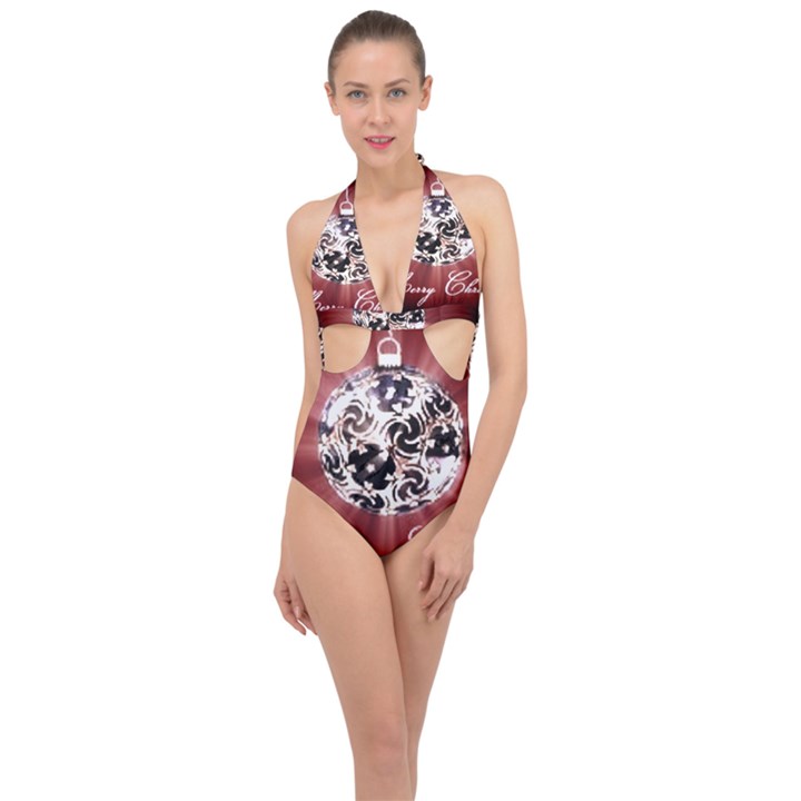 Merry Christmas Ornamental Halter Front Plunge Swimsuit