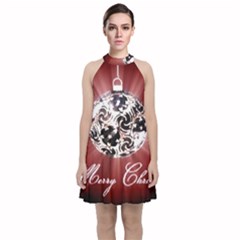 Merry Christmas Ornamental Velvet Halter Neckline Dress 