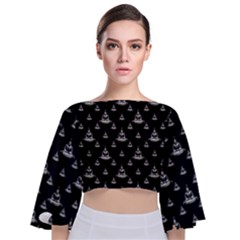 Buddhism Motif Print Pattern Design Tie Back Butterfly Sleeve Chiffon Top