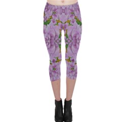 Fauna Flowers In Gold And Fern Ornate Capri Leggings  by pepitasart