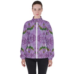 Fauna Flowers In Gold And Fern Ornate Women s High Neck Windbreaker