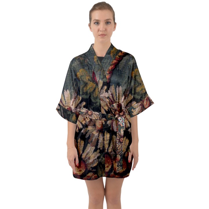 Old Embroidery 1 1 Half Sleeve Satin Kimono 