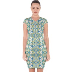 Colored Geometric Ornate Patterned Print Capsleeve Drawstring Dress 