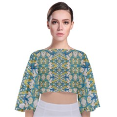 Colored Geometric Ornate Patterned Print Tie Back Butterfly Sleeve Chiffon Top by dflcprintsclothing