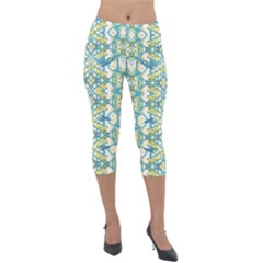 Colored Geometric Ornate Patterned Print Lightweight Velour Capri Leggings 