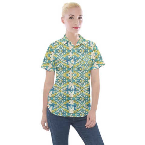 Colored Geometric Ornate Patterned Print Women s Short Sleeve Pocket Shirt by dflcprintsclothing