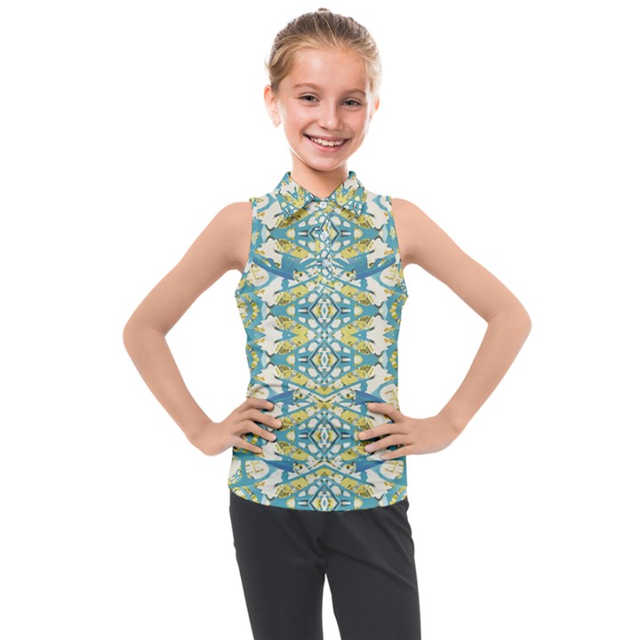 Colored Geometric Ornate Patterned Print Kids  Sleeveless Polo Tee