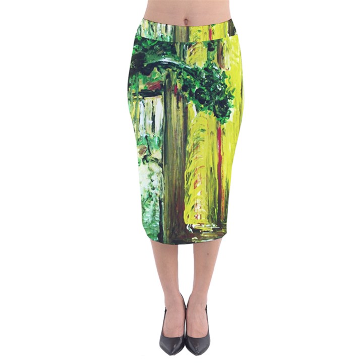 Old Tree And House With An Arch 8 Velvet Midi Pencil Skirt