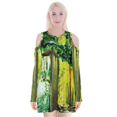 Old Tree And House With An Arch 8 Velvet Long Sleeve Shoulder Cutout Dress