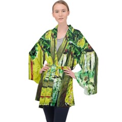 Old Tree And House With An Arch 8 Long Sleeve Velvet Kimono  by bestdesignintheworld