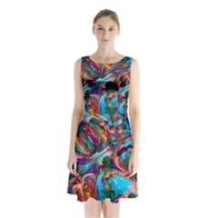 Seamless Abstract Colorful Tile Sleeveless Waist Tie Chiffon Dress