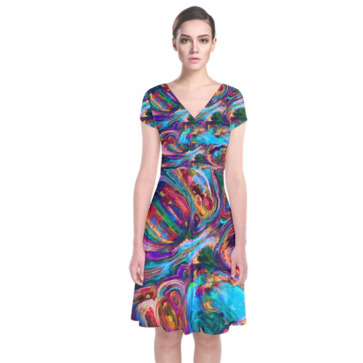 Seamless Abstract Colorful Tile Short Sleeve Front Wrap Dress