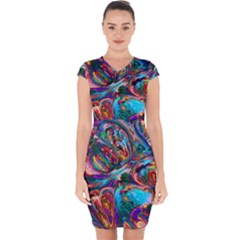 Seamless Abstract Colorful Tile Capsleeve Drawstring Dress 