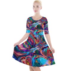 Seamless Abstract Colorful Tile Quarter Sleeve A-line Dress