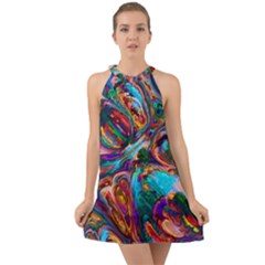 Seamless Abstract Colorful Tile Halter Tie Back Chiffon Dress