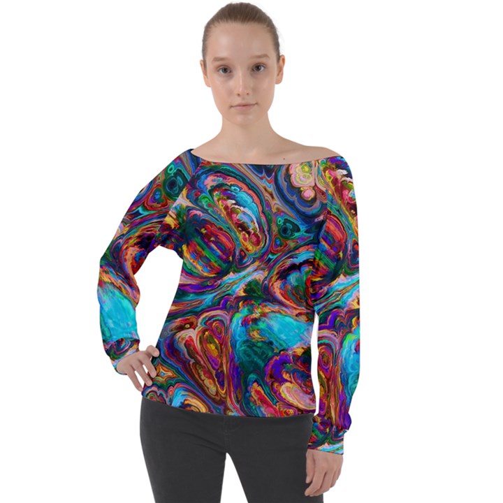 Seamless Abstract Colorful Tile Off Shoulder Long Sleeve Velour Top