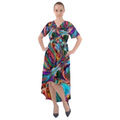 Seamless Abstract Colorful Tile Front Wrap High Low Dress