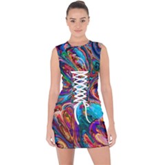 Seamless Abstract Colorful Tile Lace Up Front Bodycon Dress