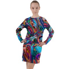 Seamless Abstract Colorful Tile Long Sleeve Hoodie Dress