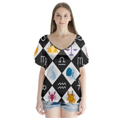 Zodiac Astrology Horoscope V-neck Flutter Sleeve Top