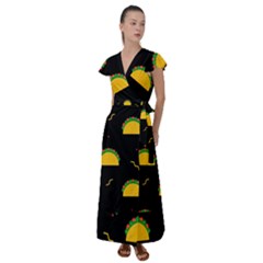 Festive Seamless Pattern With National Taco Food Flutter Sleeve Maxi Dress