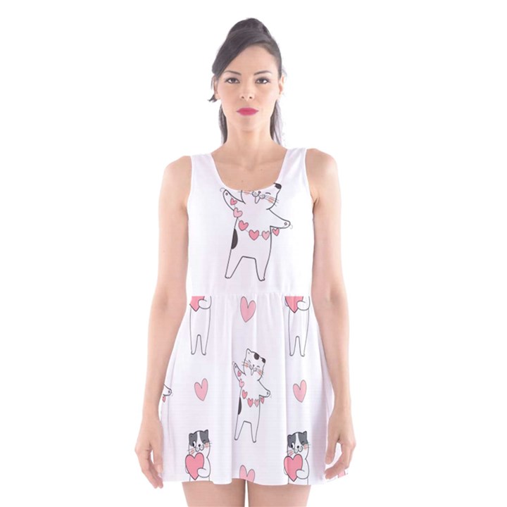 Seamless Pattern Cute Cat With Little Heart Hearts Scoop Neck Skater Dress