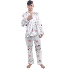 Seamless Pattern Cute Cat With Little Heart Hearts Men s Satin Pajamas Long Pants Set by Wegoenart