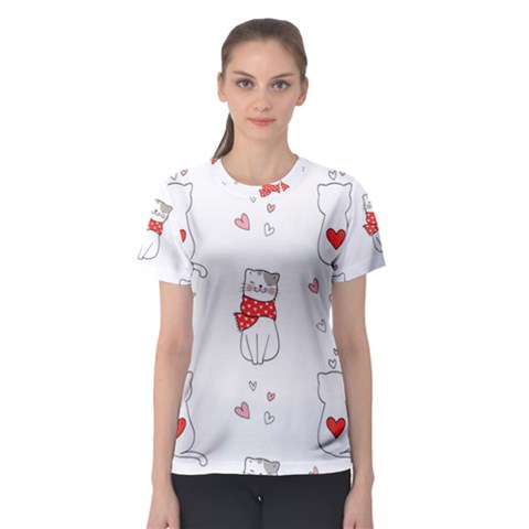 Seamless Pattern Cute Cat With Little Heart Women s Sport Mesh Tee by Wegoenart