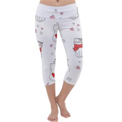 Seamless Pattern Cute Cat With Little Heart Capri Yoga Leggings by Wegoenart