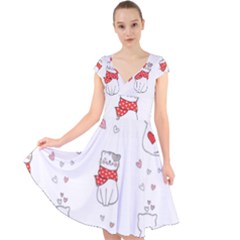 Seamless Pattern Cute Cat With Little Heart Cap Sleeve Front Wrap Midi Dress by Wegoenart