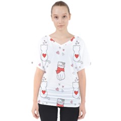 Seamless Pattern Cute Cat With Little Heart V-neck Dolman Drape Top