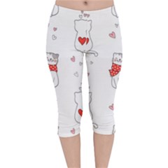 Seamless Pattern Cute Cat With Little Heart Velvet Capri Leggings  by Wegoenart