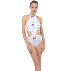 Seamless Pattern Cute Cat With Little Heart Halter Side Cut Swimsuit by Wegoenart