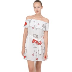 Seamless Pattern Cute Cat With Little Heart Off Shoulder Chiffon Dress by Wegoenart