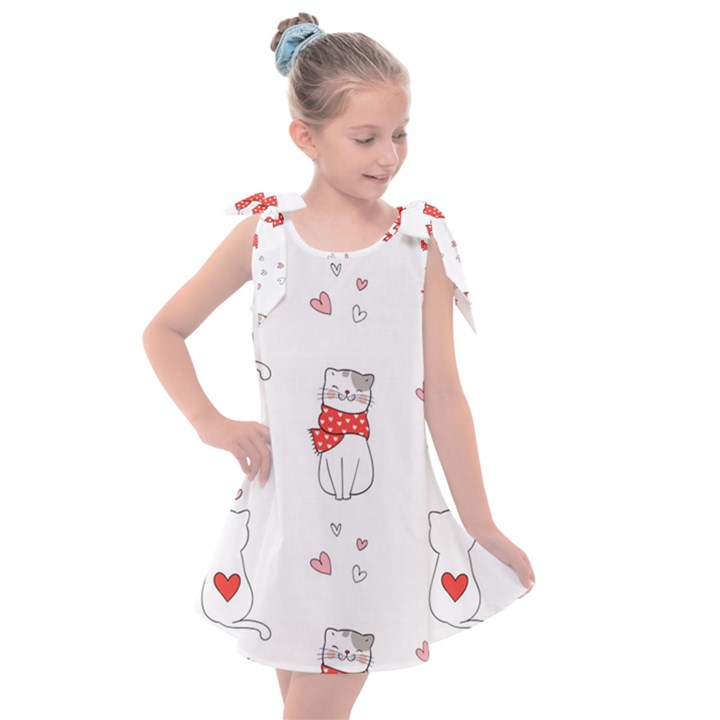 Seamless Pattern Cute Cat With Little Heart Kids  Tie Up Tunic Dress