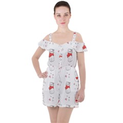 Seamless Pattern Cute Cat With Little Heart Ruffle Cut Out Chiffon Playsuit by Wegoenart