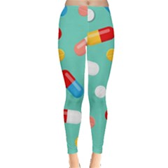 Pills Medicines Seamless Pattern Blue Background Leggings  by Wegoenart