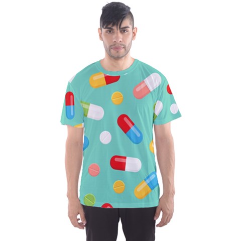 Pills Medicines Seamless Pattern Blue Background Men s Sports Mesh Tee by Wegoenart