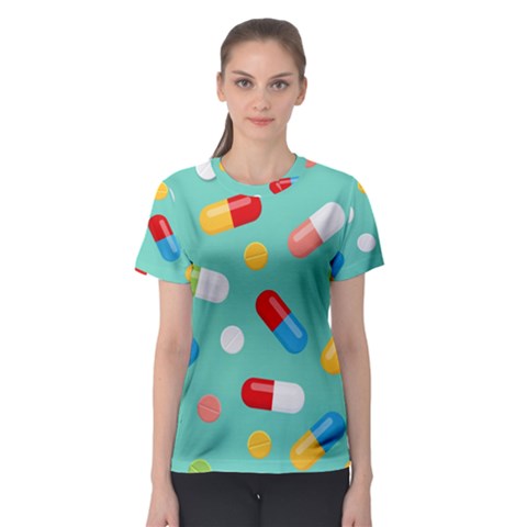 Pills Medicines Seamless Pattern Blue Background Women s Sport Mesh Tee by Wegoenart