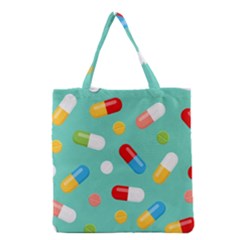 Pills Medicines Seamless Pattern Blue Background Grocery Tote Bag by Wegoenart