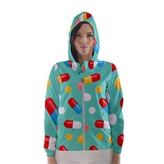 Pills Medicines Seamless Pattern Blue Background Women s Hooded Windbreaker by Wegoenart