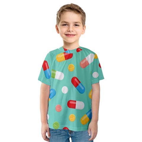 Pills Medicines Seamless Pattern Blue Background Kids  Sport Mesh Tee by Wegoenart