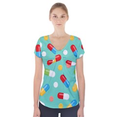 Pills Medicines Seamless Pattern Blue Background Short Sleeve Front Detail Top by Wegoenart