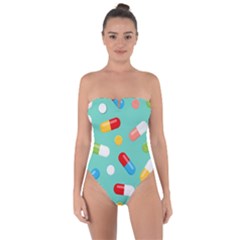 Pills Medicines Seamless Pattern Blue Background Tie Back One Piece Swimsuit by Wegoenart