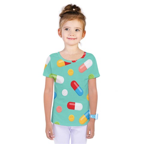 Pills Medicines Seamless Pattern Blue Background Kids  One Piece Tee by Wegoenart