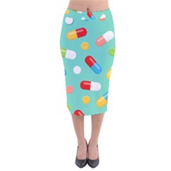 Pills Medicines Seamless Pattern Blue Background Velvet Midi Pencil Skirt by Wegoenart